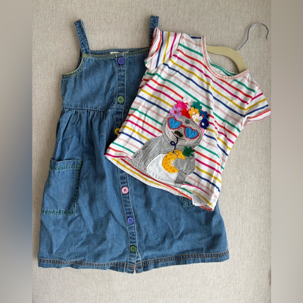 Mini Boden Colorful Striped T-Shirt and Denim Dress Set